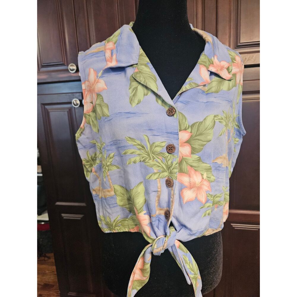 Tahiti Reef Club Womens Hawaiian tie front button down top sz Large